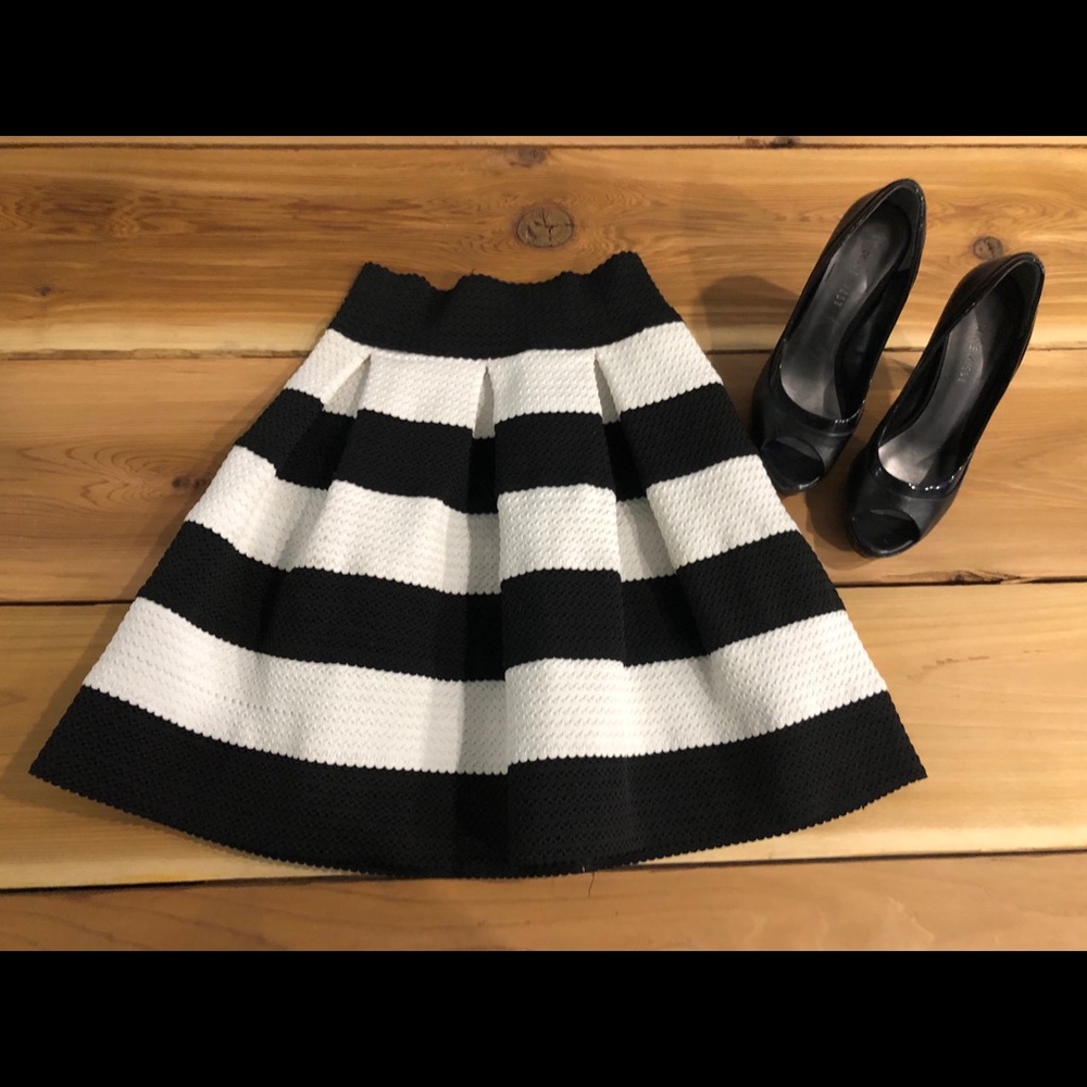 Black and White Striped A Line Mini Skirt